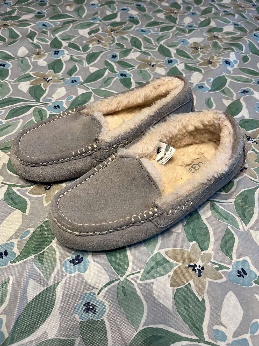 UGG Light Grey Suede Shearling Moccasin Slippers